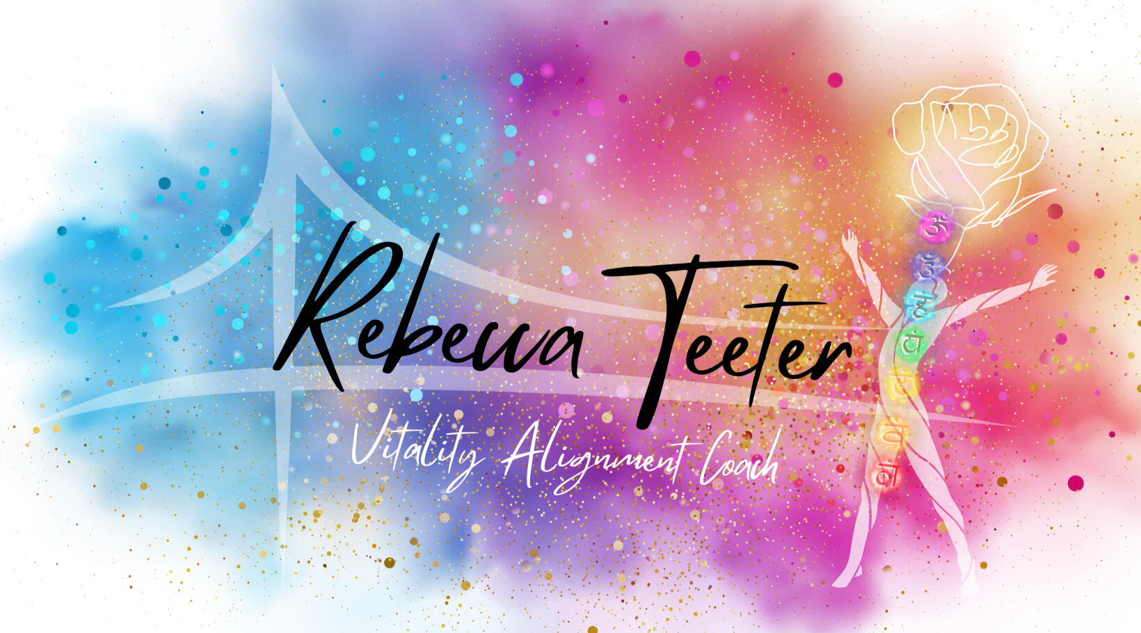 Rebecca Teeter; Vitality Alignment Coach. A radiant being blossoming like a rose with arms stretched and bridging the space between where they are and the miracle that is possible.