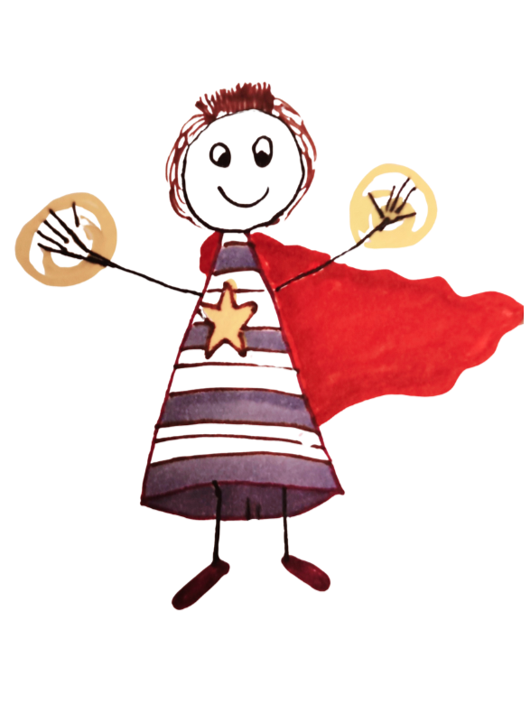 Cartoon drawing of a person recognizing their own super power of alignment. Person with cape, star on their chest and swirling spirals of energy coming from their hands.