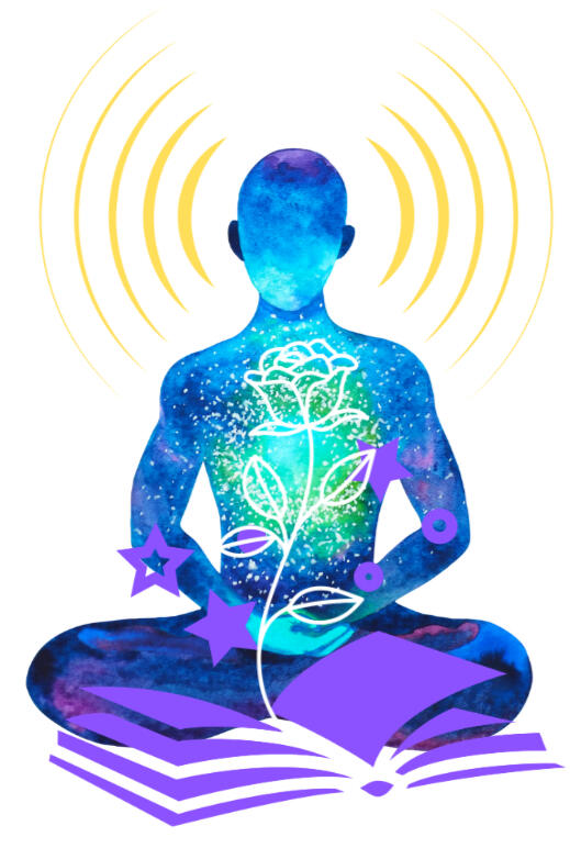 Cosmic colored person seated in meditation with a book before them and a rose growing from the book. Around them radiating energy fields. Representing a person receiving their reading and balancing session where new stories are created.