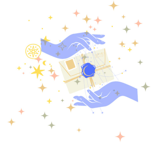 Hands receiving mail with stars all around.